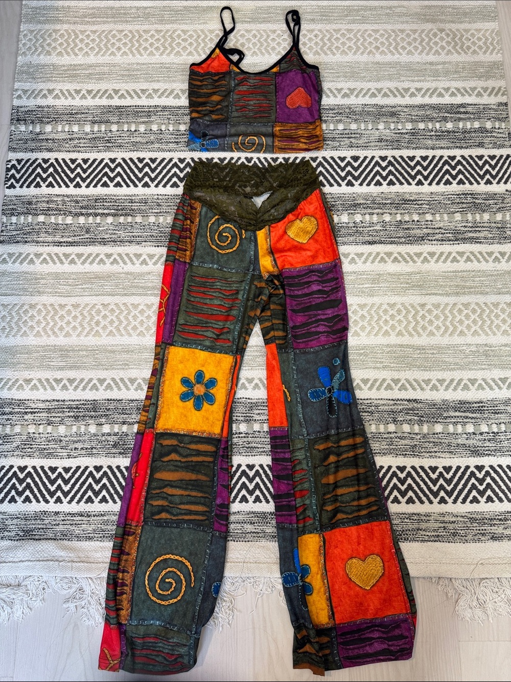 Colorful Patchwork Two-Piece Crop Top & Flared Pants Set
